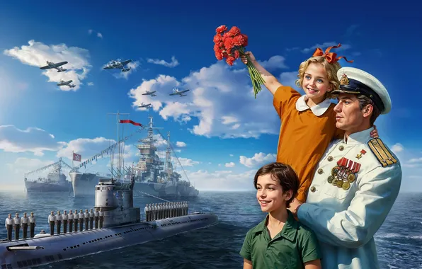 Картинка Небо, Облака, Море, Рисунок, Мальчик, Подводная лодка, Самолеты, Дети