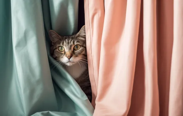 Кошка, кот, взгляд, свет, портрет, арт, ткань, занавески