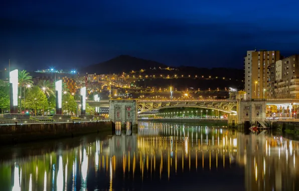 Картинка мост, огни, Испания, Бильбао