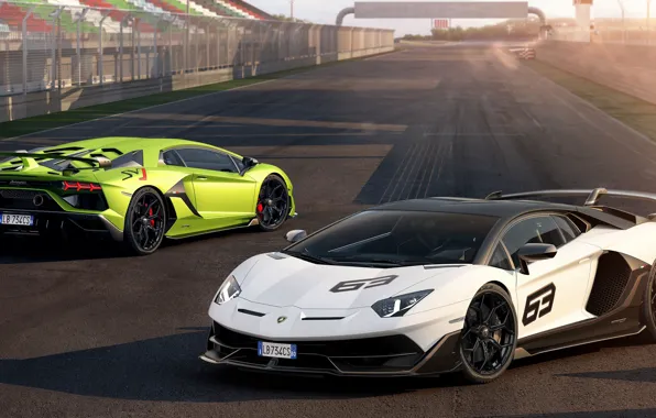 Картинка Lamborghini, Aventador, гоночная трасса, SVJ, Lamborghini Aventador SVJ, две машины, 63