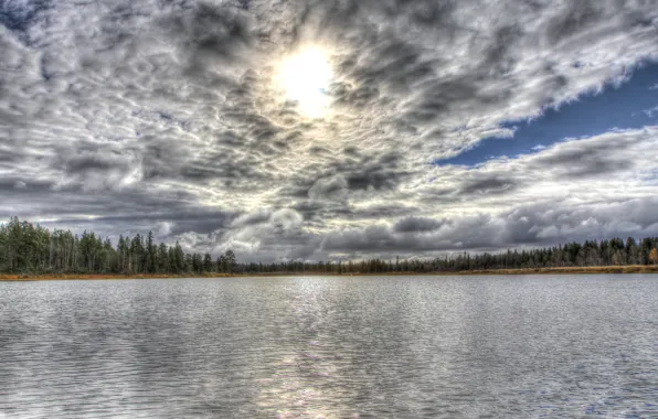 Картинка лес, пейзаж, озеро, HDR, Облака