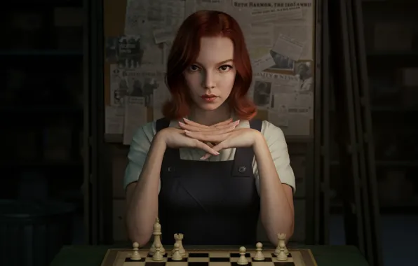 Chess, redhead, looking at viewer, 2021, Beth Harmon