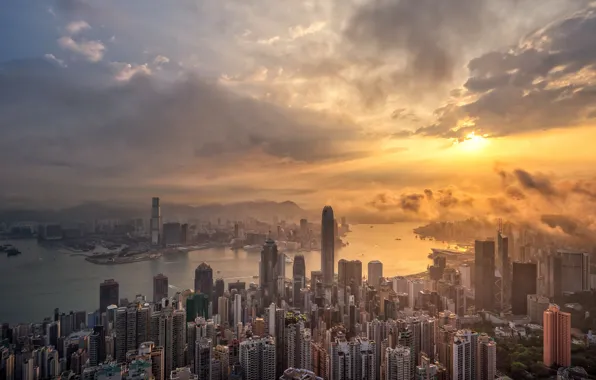 Рассвет, Гонконг, утро, небоскрёбы, мегаполис, skyline, Hong Kong
