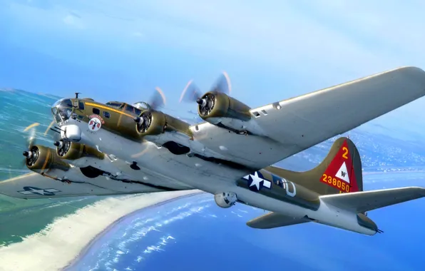 Картинка море, небо, побережье, бомбардировщик, B-17, летающая крепость, Flying Fortress
