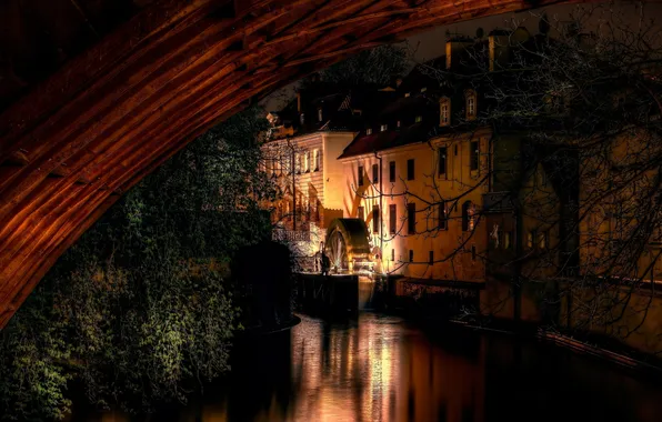 Картинка ночь, мост, огни, Прага, подсветка, канал, старая мельница