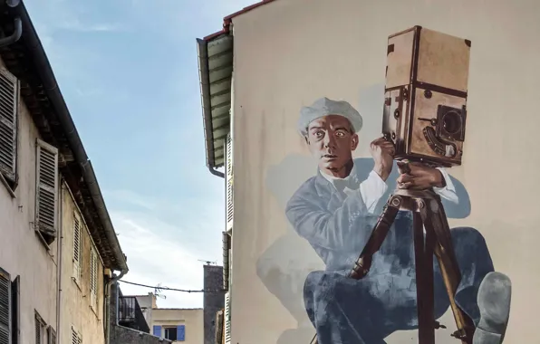 Стена, Франция, дома, фреска, Канны, Cannes, Buster Keaton