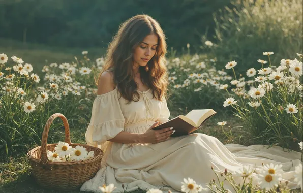 Картинка цветы, девушка, корзина, книга, ромашка