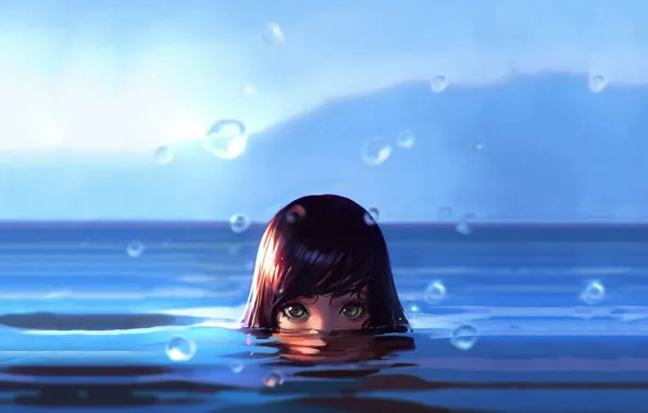 Картинка Girl, wet, green eyes, sea, water, art, water drops, face