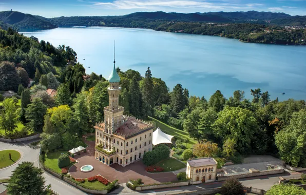 Картинка город, озеро, Италия, Lago d'Orta, Villa Crespi