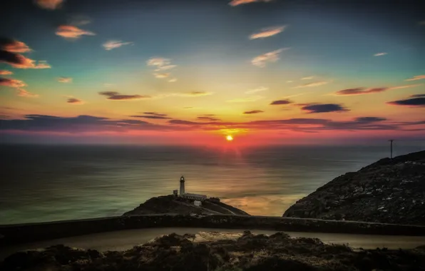 Дорога, солнце, пейзаж, океан, маяк, Северный Уэльс, North Wales