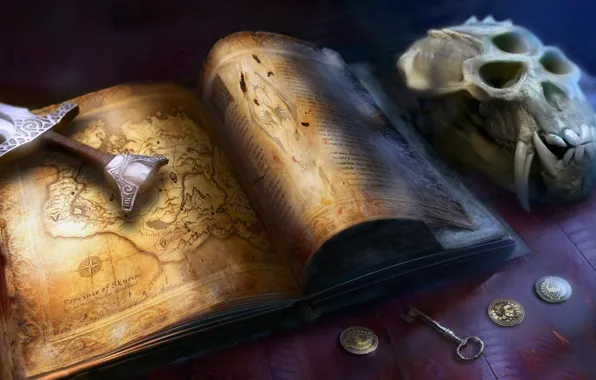 Skull, game, weapon, key, map, Skyrim, book, digital art
