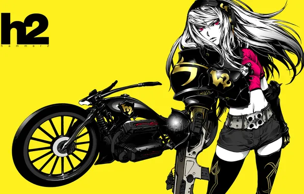 Картинка девушка, арт, мотоцикл, желтый фон, nagimiso