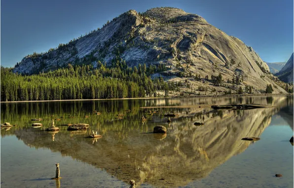 Лес, небо, деревья, горы, озеро, отражение, камни