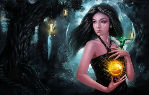 Картинка fire, forest, magic, woman, lights ball