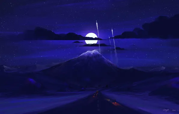 Картинка дорога, облака, горы, машины, Луна, ракеты, арт, вершина