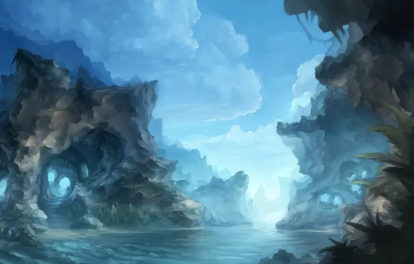 Облака, река, скалы, нарисованный пейзаж