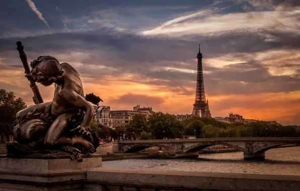 Картинка закат, река, Франция, Париж, Эйфелева башня, Paris, скульптура, мосты