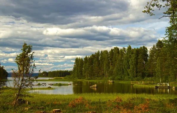 Картинка небо, трава, облака, природа, река, фото, Швеция, Dalarna