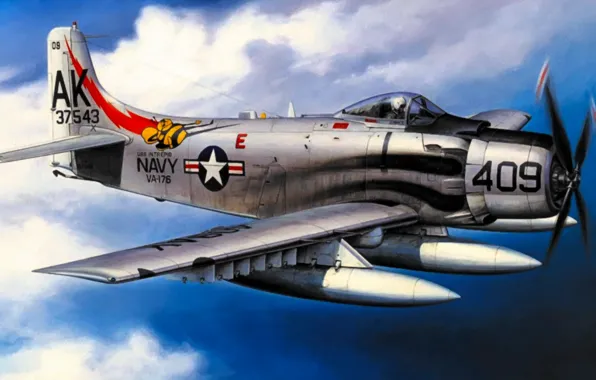 Картинка bomber, war, art, airplane, painting, aviation, attacker, Douglas A-1 Skyraider