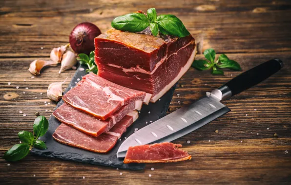 Зелень, лук, нож, мясо, нарезка, специи, чеснок, сало