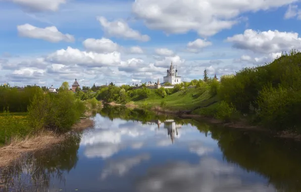 Домик, кустарник, отражение, церковь, берег, храм, водоем, озеро