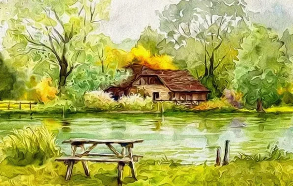 Картинка деревья, абстракция, рендеринг, рисунок, холст, начало осени, акрил, Домик у озера