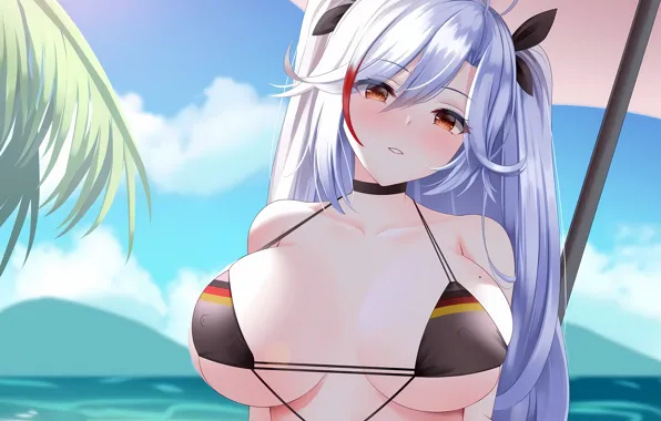 Girl, sexy, cleavage, erect nipples, long hair, sea, brown eyes, boobs