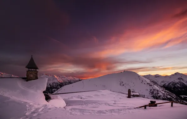 Картинка зима, снег, пейзаж, закат, горы, природа