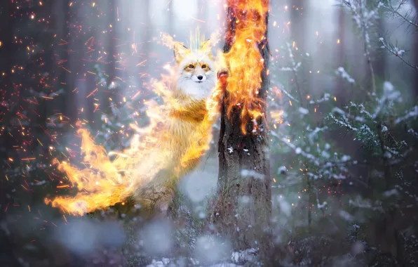 Картинка лес, снег, огонь, фэнтези, лиса, by 0l-Fox-l0