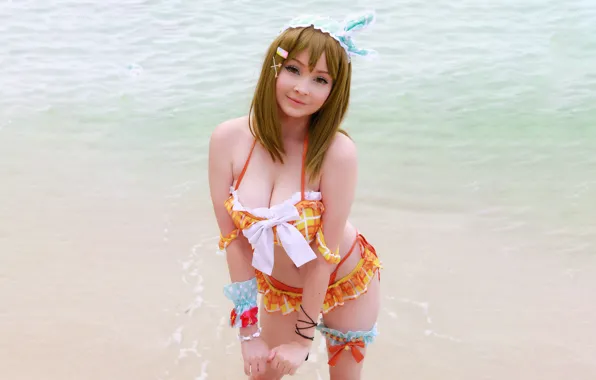 Girl, sexy, cleavage, beach, long hair, sea, boobs, beautiful