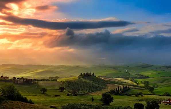 Картинка небо, облака, свет, поля, долина, Италия, Тоскана