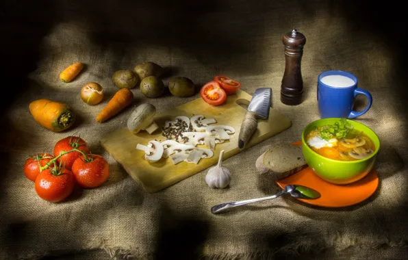 Грибы, суп, натюрморт, овощи