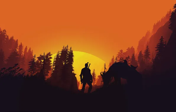 Картинка fantasy, game, forest, The Witcher, trees, sun, horse, weapons