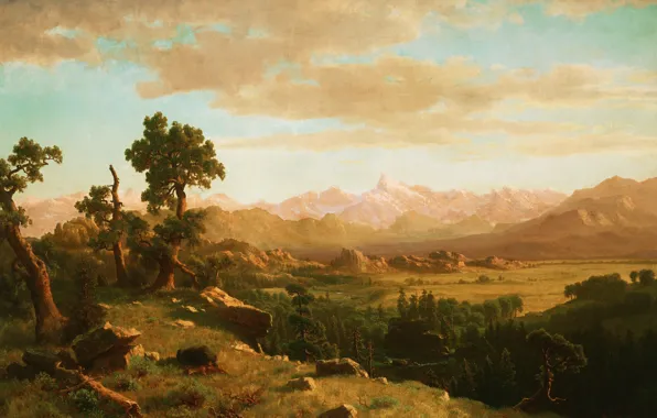 Картинка пейзаж, горы, камни, картина, долина, Альберт Бирштадт, Wind River Country