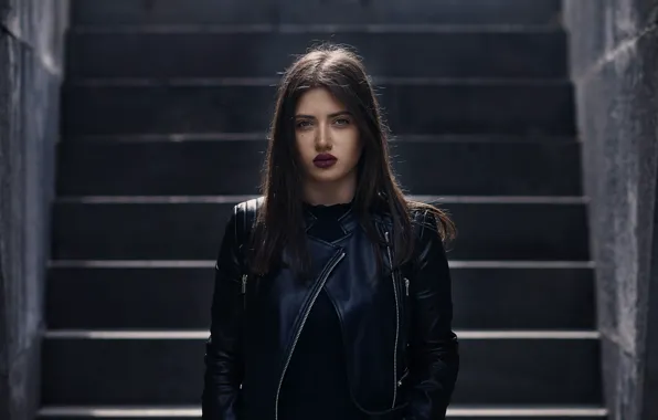 Girl, Beautiful, Front, Black, Stairs, Concrete