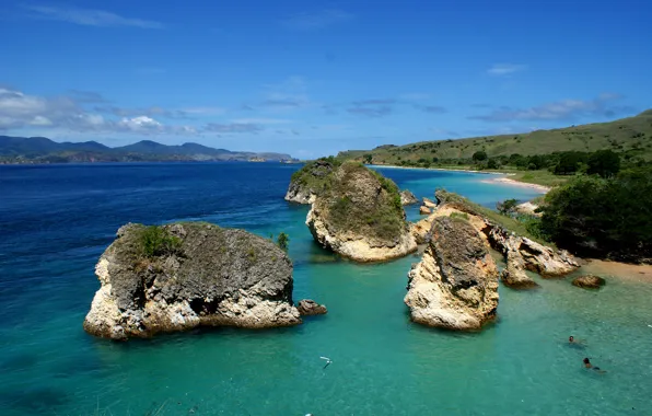 Картинка море, небо, облака, горы, камни