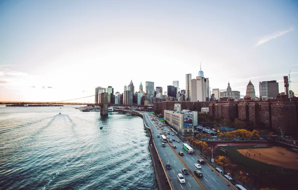 Картинка дорога, закат, мост, Нью-Йорк, архитектура, New York