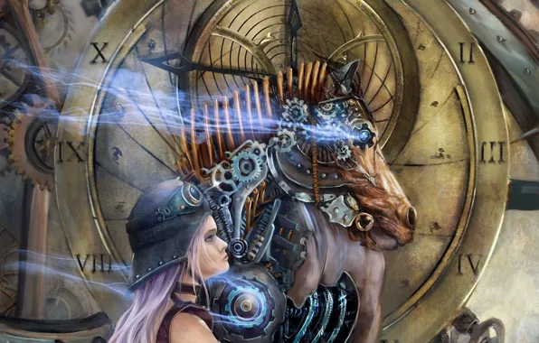 Картинка девушка, сюрреализм, лошадь, часы, механизм, голова, арт, циферблат
