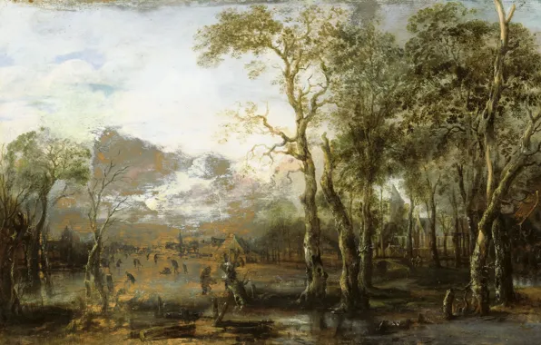 Масло, картина, Арт ван дер Нер, Aert van der Neer, 1640, Пейзаж с Охотником
