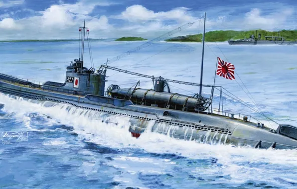 Картинка берег, лодка, рисунок, арт, залив, подводная, эсминец, японская