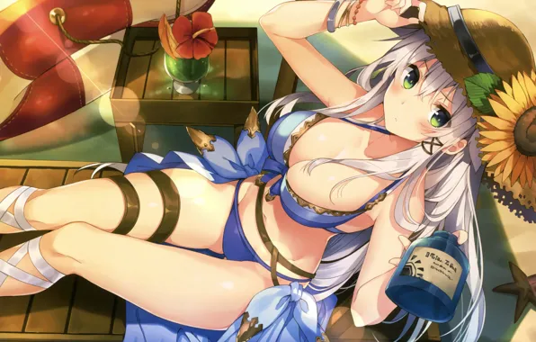Flower, boobs, breast, anime, tits, drink, bikini, japanese