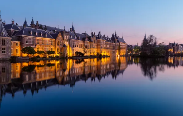 Озеро, отражение, здания, Нидерланды, Netherlands, Гаага, The Hague, Binnenhof