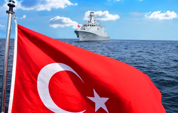 Sky, sea, frigate, turkish flag