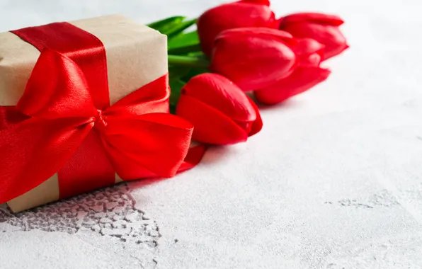 Картинка любовь, цветы, подарок, букет, лента, сердечки, тюльпаны, красные