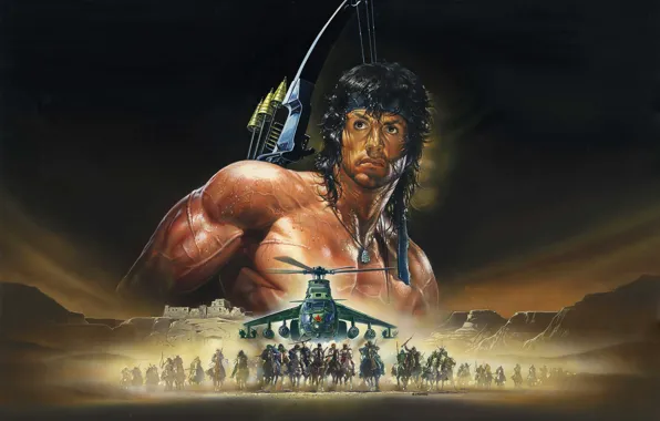Картинка art, Ми-24, poster, Sylvester Stallone, bow, riders, Renato Casaro, Rambo III