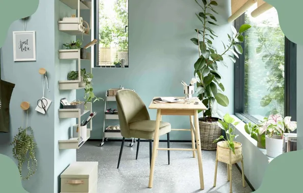 Стиль, комната, интерьер, растения, полки, письменный стол, ИКЕА, IKEA idea decor
