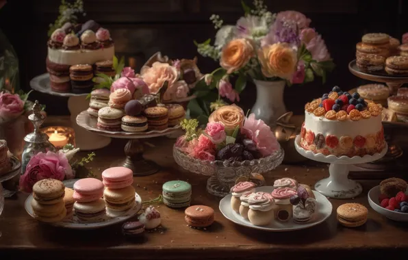 Цветы, сладости, натюрморт, cake, flowers, пирожные, still life, sweets