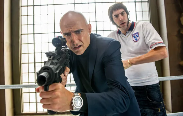 Cinema, gun, weapon, movie, film, rifle, Mark Strong, Sacha Baron Cohen
