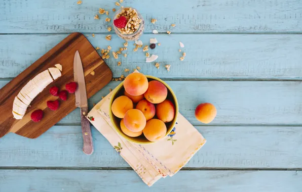 Малина, завтрак, банан, персики, wood, strawberries, Banana, разделочная доска