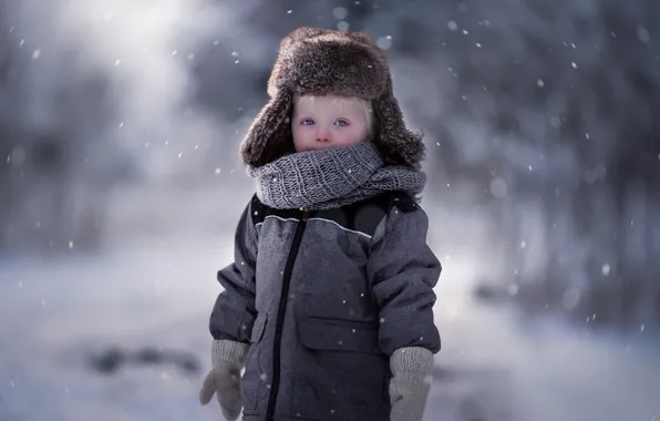 Зима, взгляд, шапка, малыш, пальто, варежки